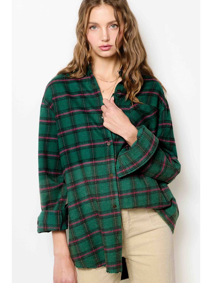 La Miel - Wholesale Buttoned-down shirt – Women's - SRT1329-Loose Fit Button Down Two-Tone Washed Plaid Shirts12