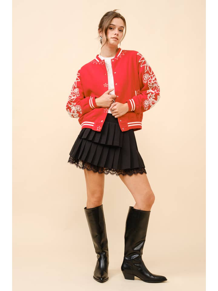 CHEERY RED 22881J - Pearl Embellished Bomber Jacket for wholesale on Faire