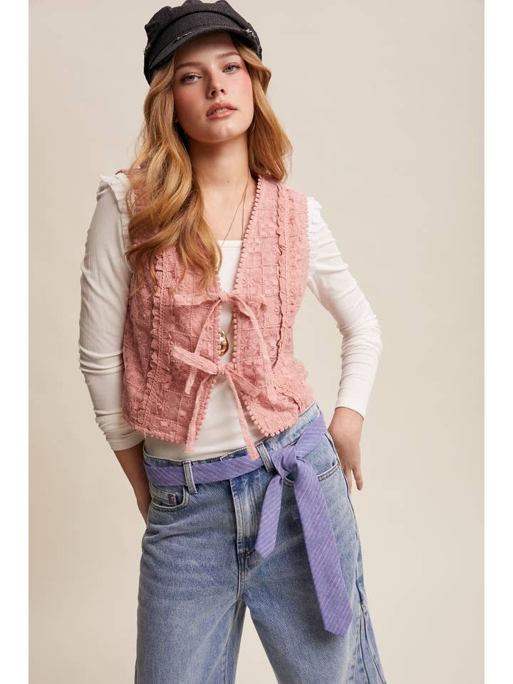 Listicle - Wholesale Outerwear Vest - Women’s - Embroidered Lace Tie-Front Vest LVT00915