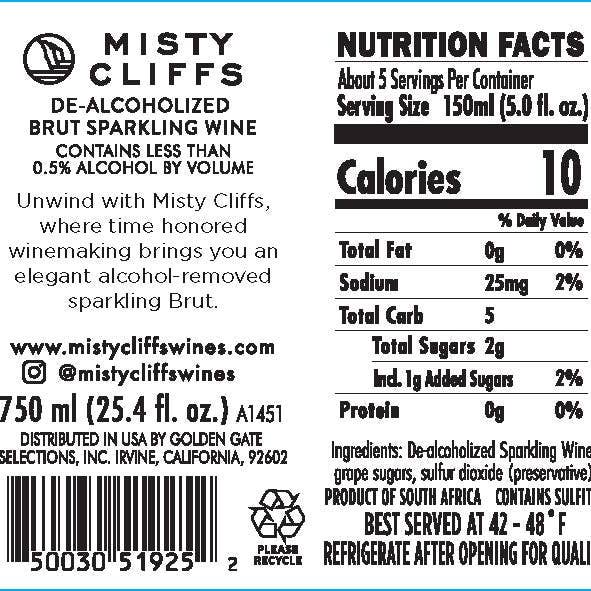 Misty Cliffs - Wholesale Non-Alcoholic Spirits/Wine/Beer - Misty Cliffs Brut Sparkling Wine6