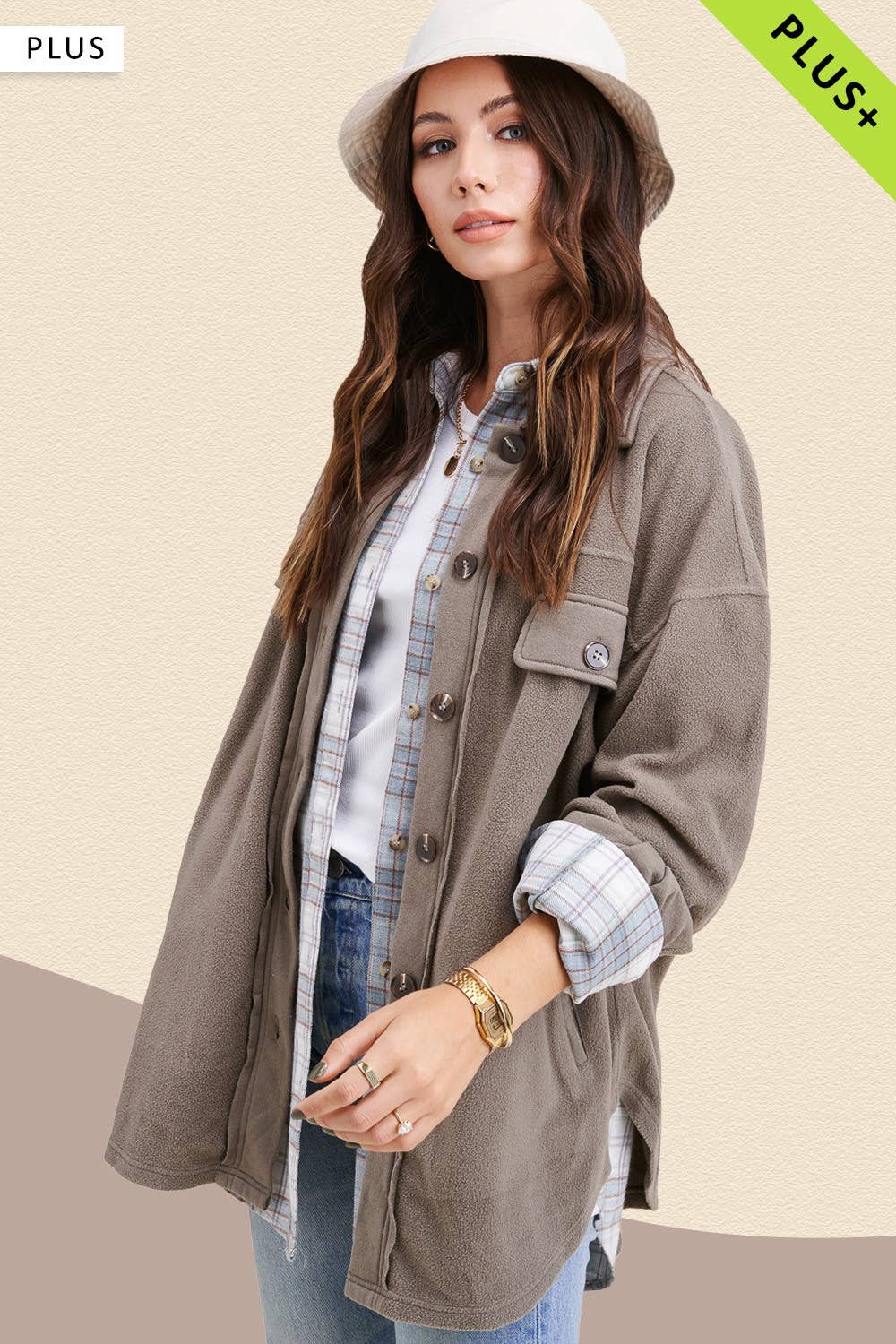 La Miel - Wholesale Shirt Jacket/Shacket - Women's - JKT1712P-Plus Size Loose Fit Button Down Fleece Shacket15