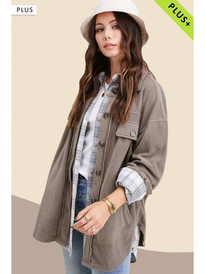 La Miel - Wholesale Shirt Jacket/Shacket - Women's - JKT1712P-Plus Size Loose Fit Button Down Fleece Shacket15