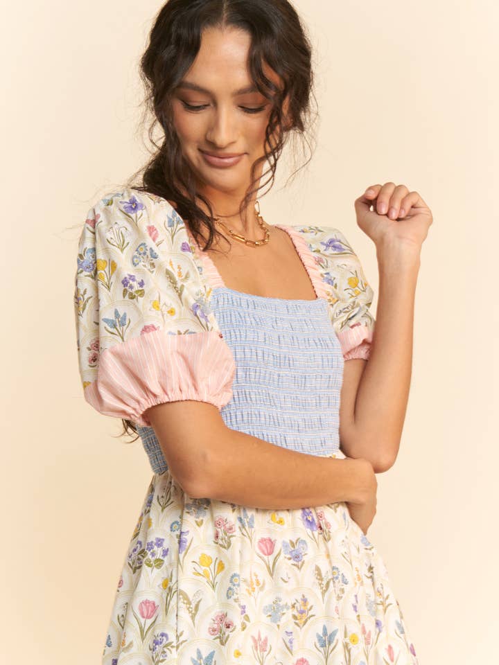 PASTEL YELLOW MULTI FLORAL BOUQUET WALLPAPER PUFF SLEEVE TIERED DRESS for wholesale on Faire4