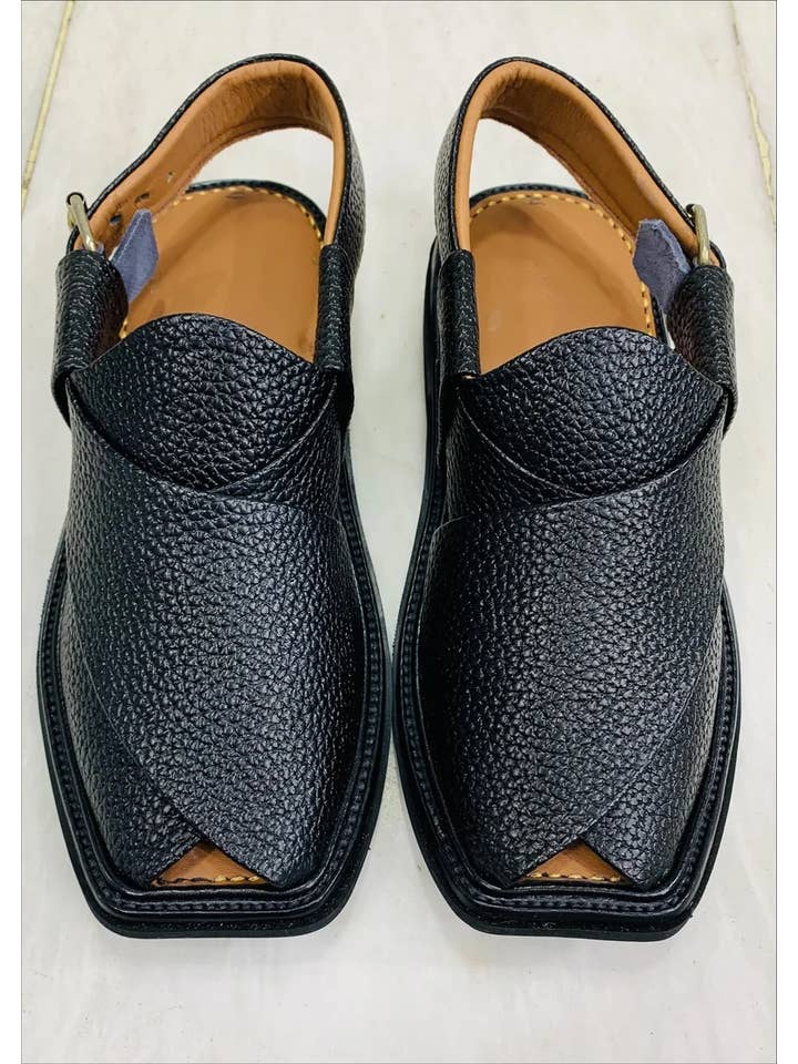 Handmade Black Textured Peshawari Chappal, Unique Style for wholesale on Faire