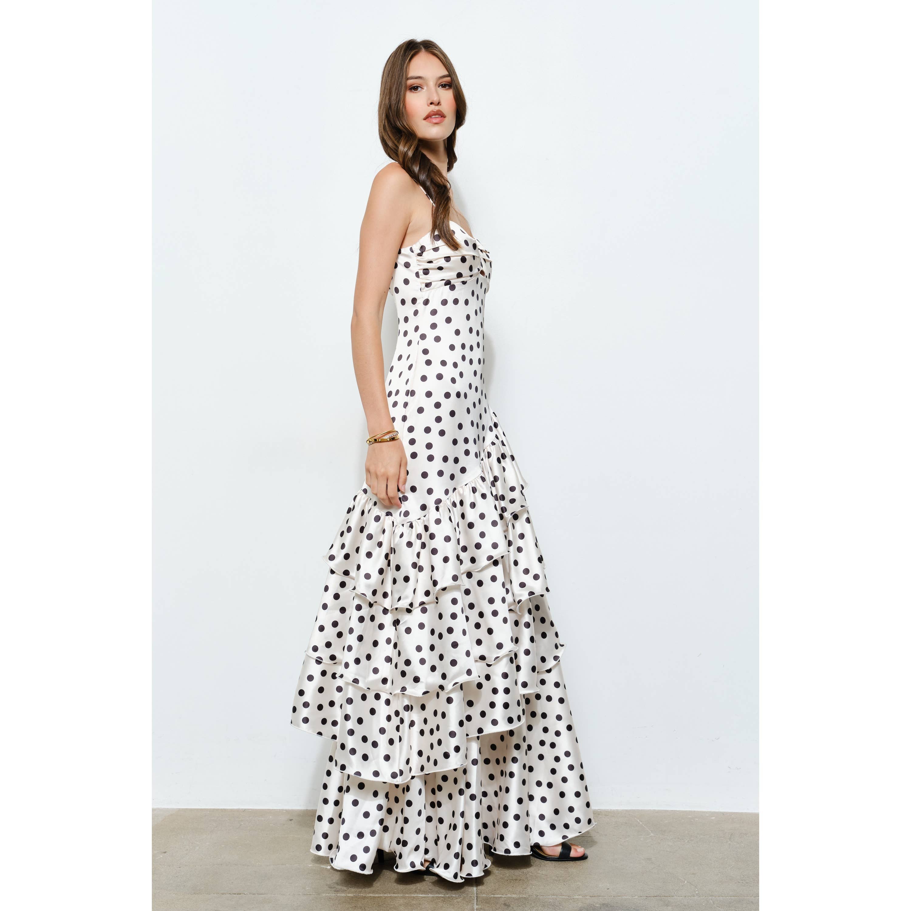 INA – wholesale Dress – Women's – Satin Polka Dot Tiered Ruffle Maxi Dress20