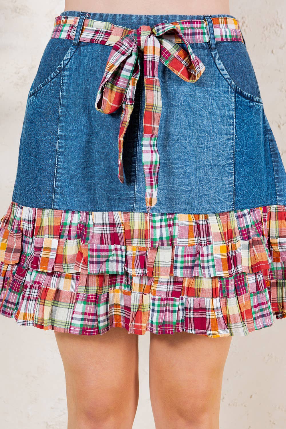 Young Threads - Wholesale Skirt - Women's - Playful Denim Mini Skirt with Plaid Patch Details12