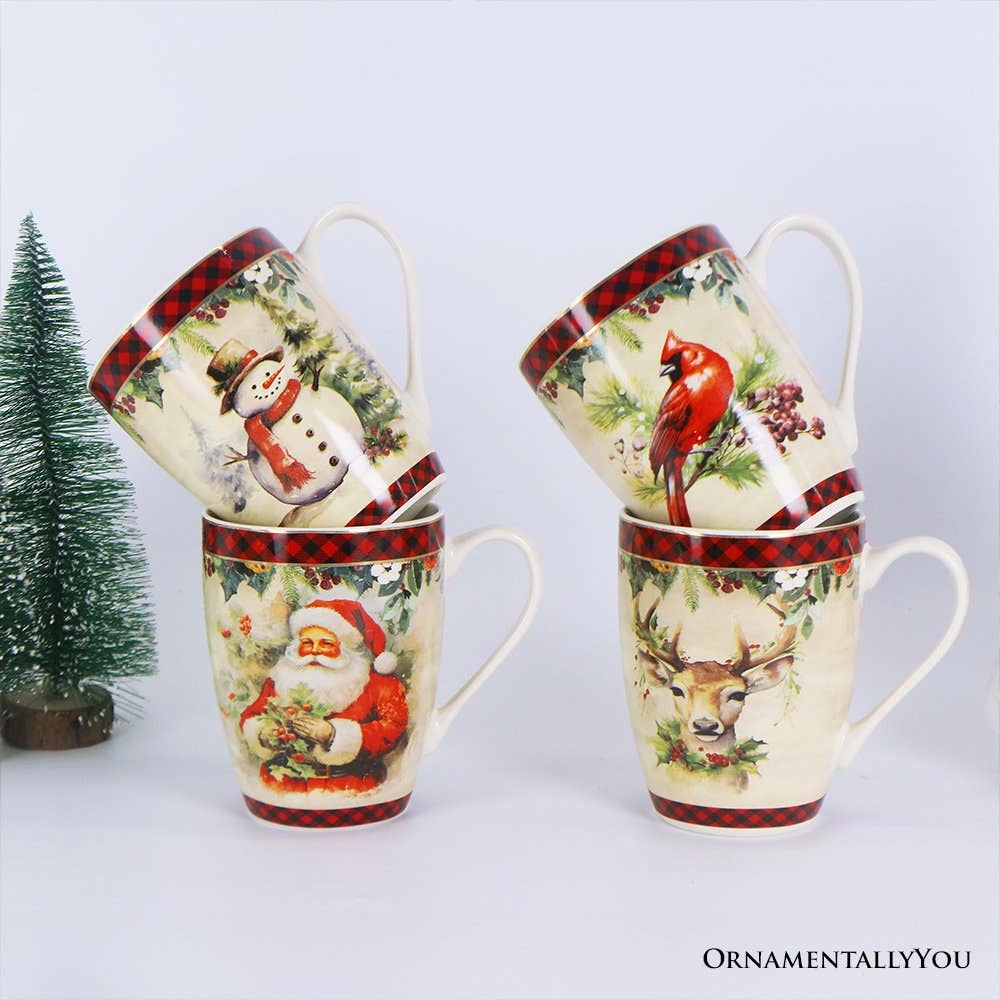 OrnamentallyYou - Wholesale Drinking Glass/Cup - Festive Country Plaid Set of 4 Ceramic Mugs with Real Gold Trim, Christmas Kitchen Coffee Cup Gift with Santa, Cardinal, Deer, and Snowman3