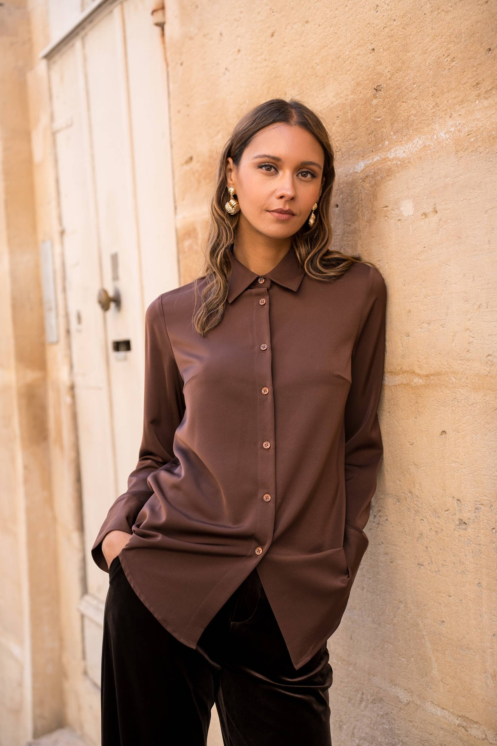 Attentif Paris - Wholesale Button Down Shirt - Women's - Satin shirt with classic notched collar87
