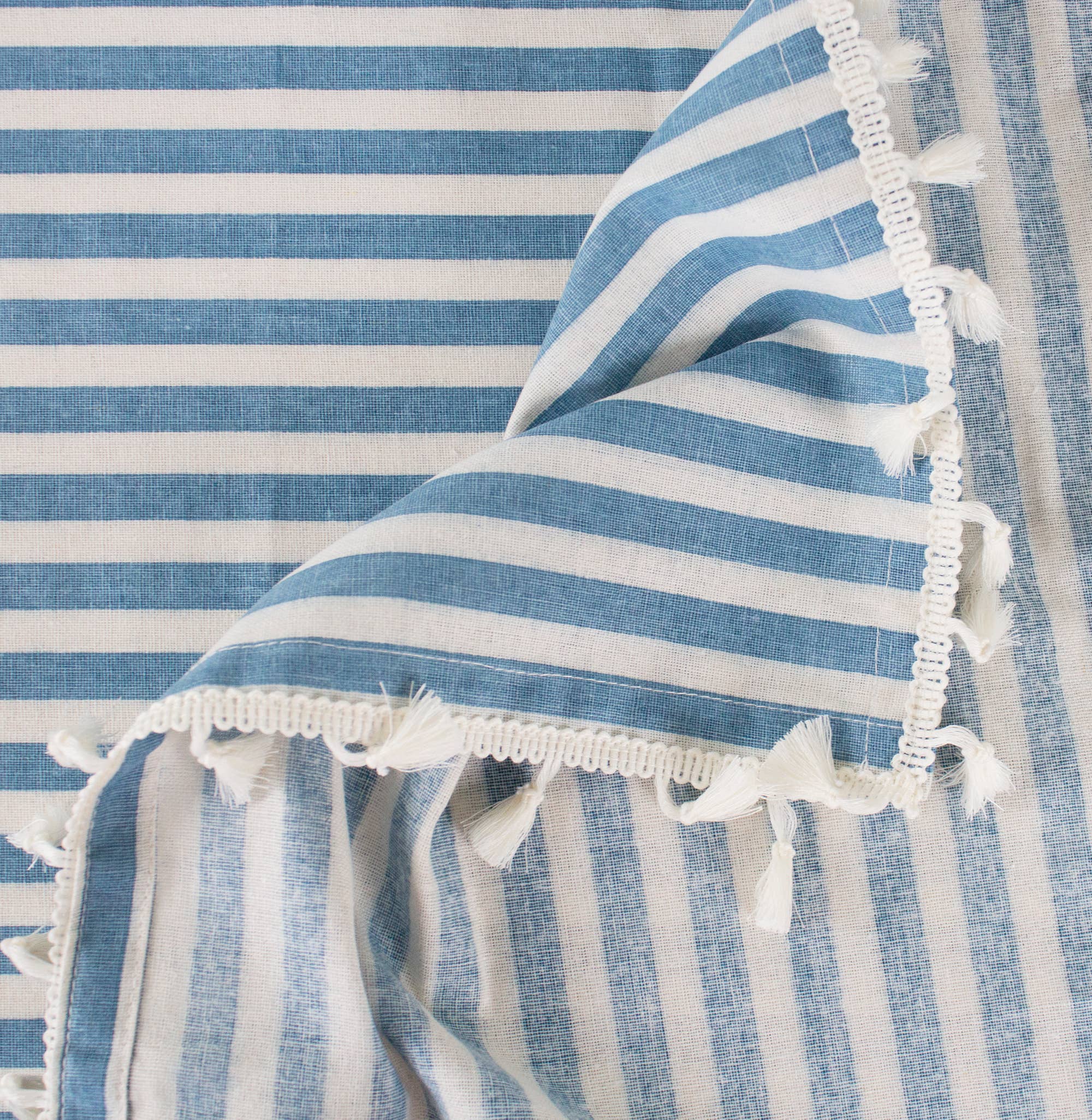 Fennco Styles - Wholesale Tablecloth - French Blue Simply Striped Tasseled Cotton Blend Tablecloth2