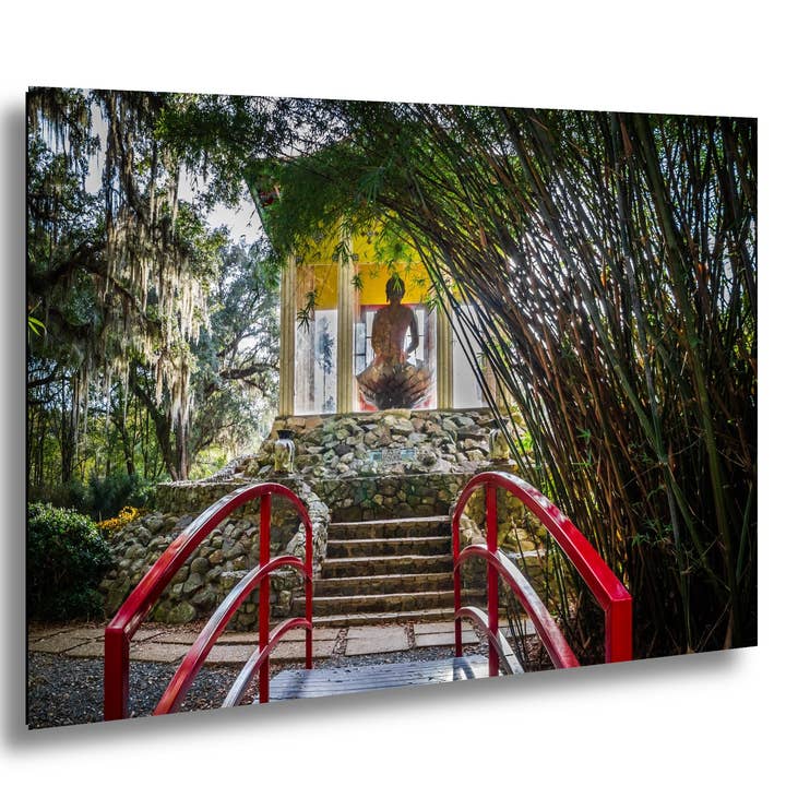Avery Island Louisiana Buddha Garden Red Bridge Wall Art Photography Print, Jungle Gardens Shrine, Southern Landscape Aluminum/Metal/Canvas for wholesale by Images By Cheri