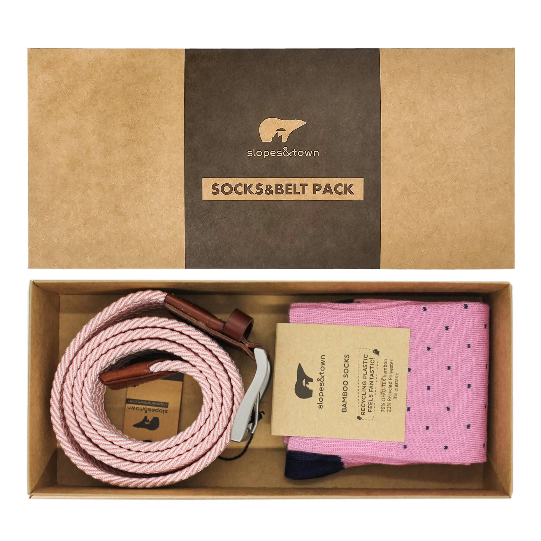 Slopes&Town - Wholesale Belt - Unisex - Gift Box belt Ray and  Pink Dot Socks0