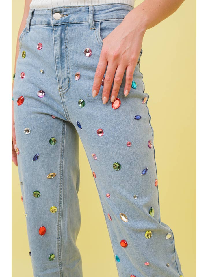 LIGHT WASH 61253P - Mid Rise Rainbow Jewel Embellished Denim Jeans for wholesale on Faire