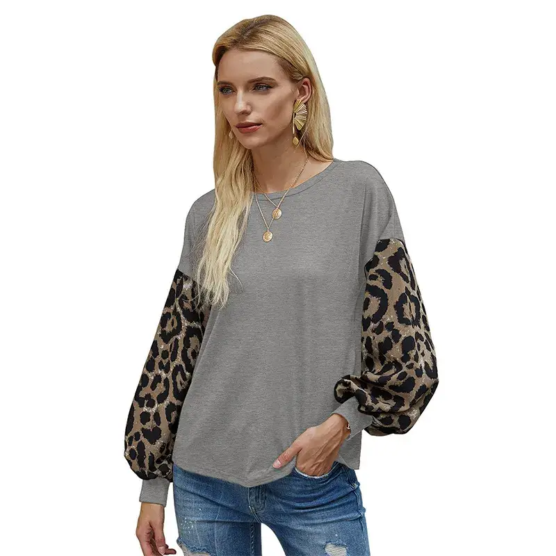 MUSTARD Leopard Crew Neck Puff Sleeve Shirt for wholesale on Faire1
