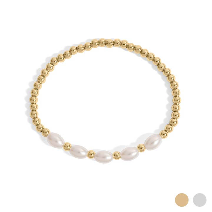 WJW - Wholesale Beaded Bracelet - 18K Gold PVD 8mm Kiska Glass Pearl Stretch Bracelet
