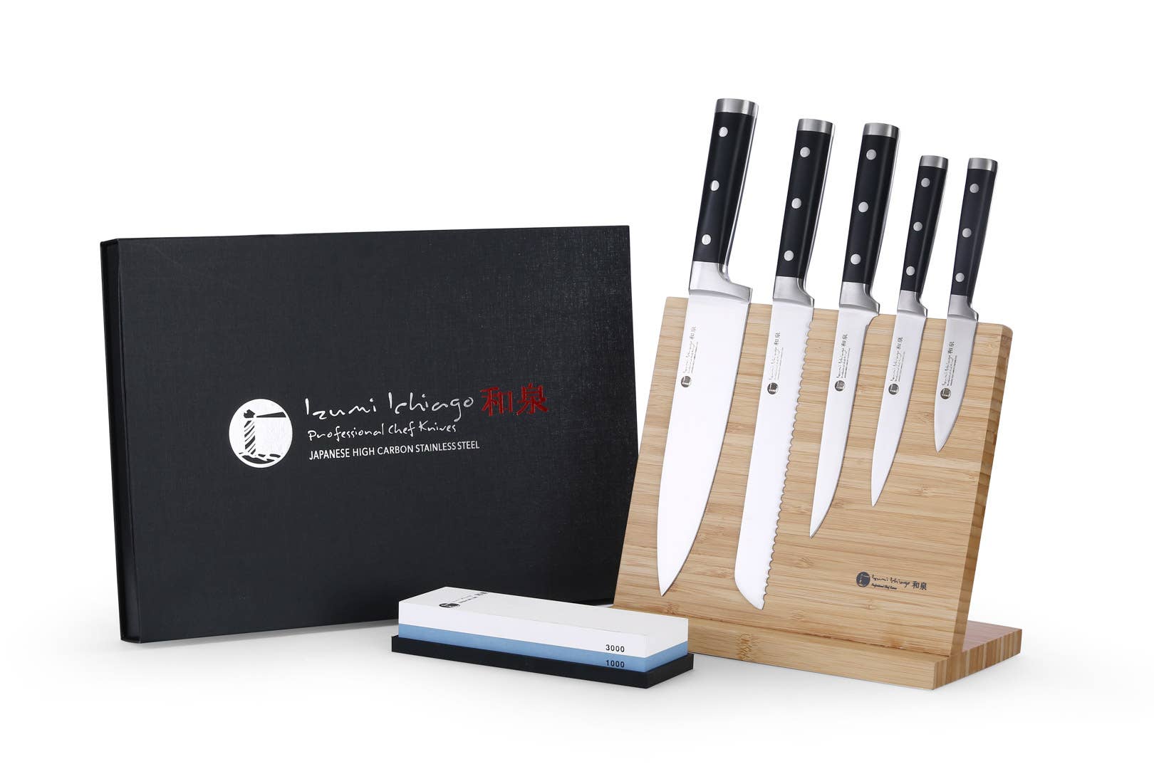 Ed Mahony - Wholesale Knife Set - IZUMI ICHIAGO- 5pcs Chef set w/bamboo holder&grinding stone