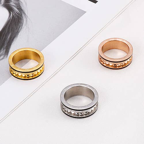 Ole - Wholesale Band/Stacked Ring - Striped Roman Numeral Stainless Steel Rings R23374