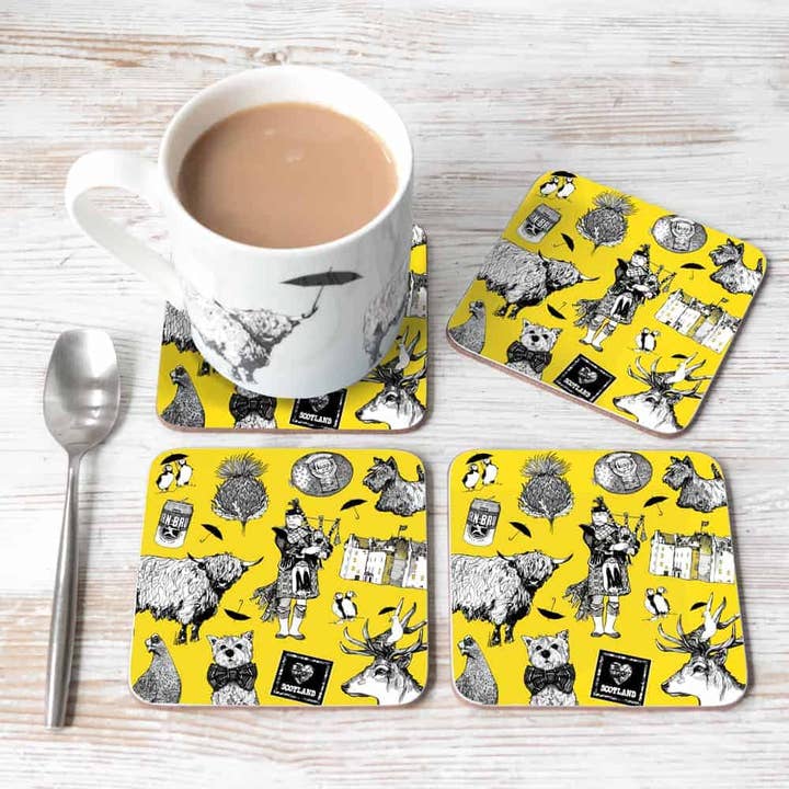 Love Scotland Set of 4 Coasters - yellow for wholesale by Gillian Kyle