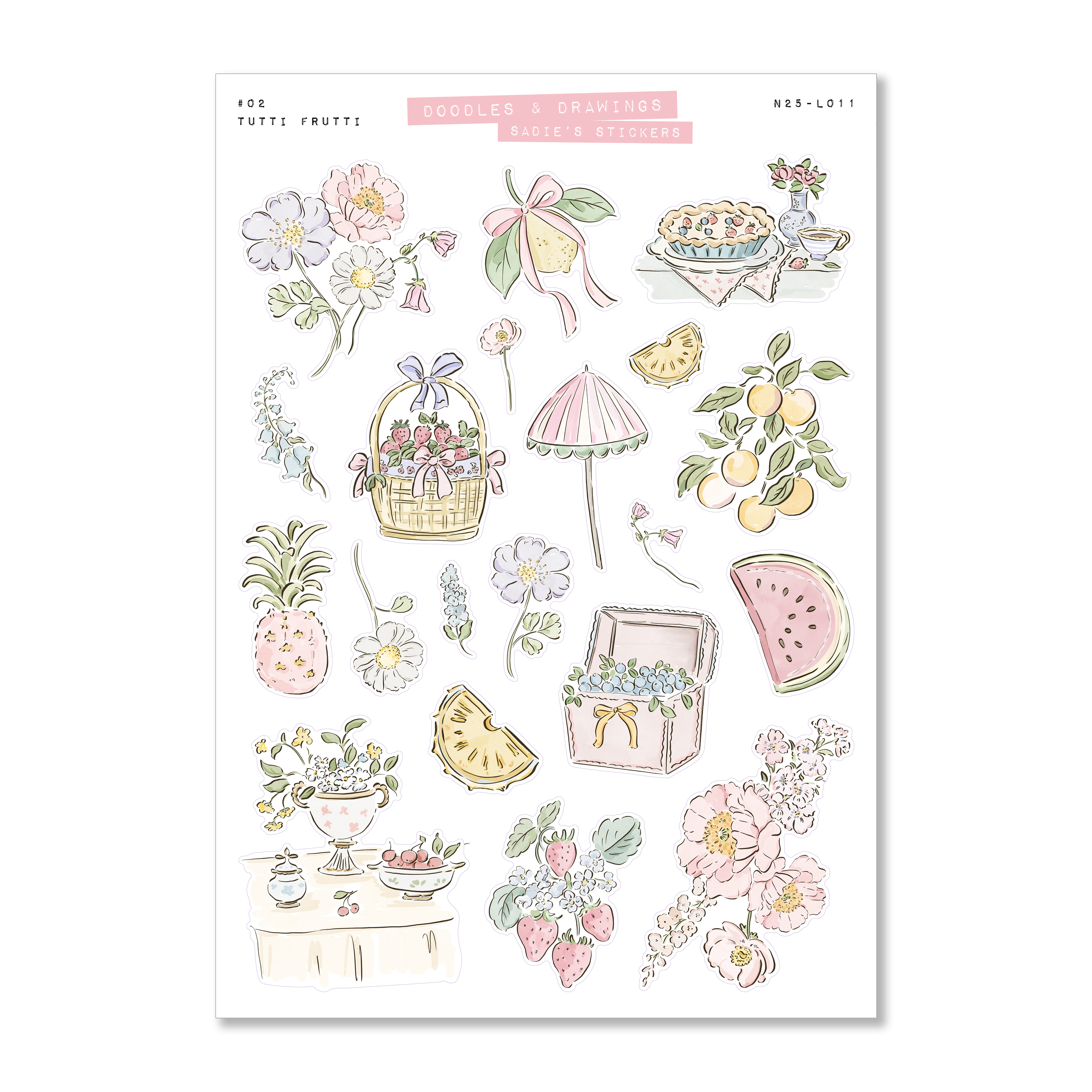 Sadie's Stickers - Venta al por mayor Pegatina - Tutti Frutti • Hoja de Pegatinas Decorativas de Garabatos y Dibujos1