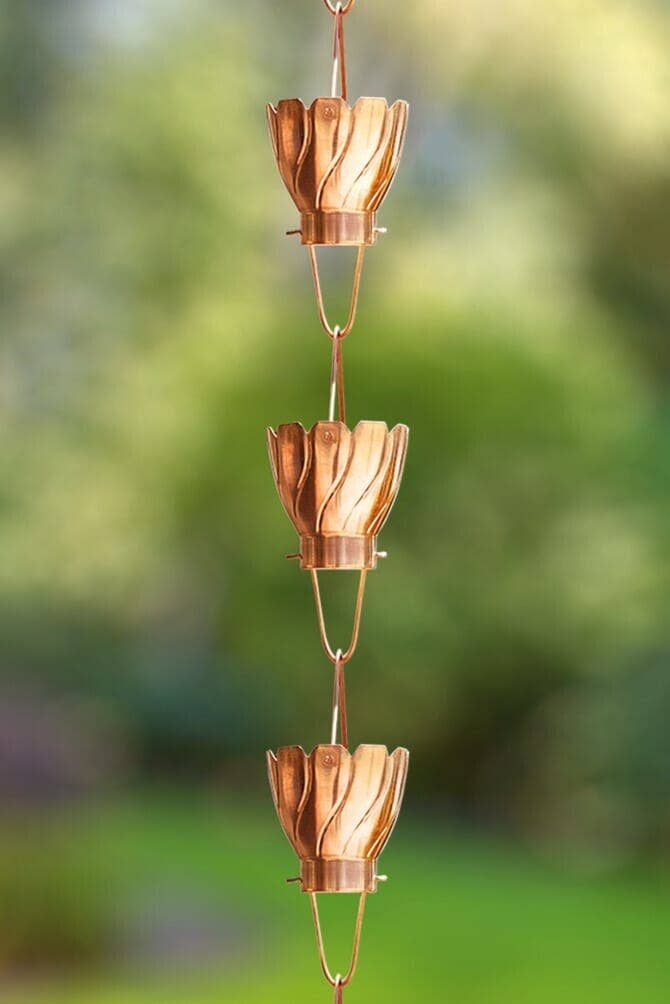 Pure Copper Akira Cup Style Rain Chain Replacement Downspout for Gutters for wholesale on Faire4