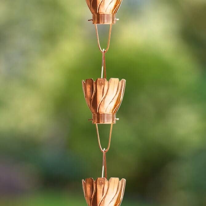 Pure Copper Akira Cup Style Rain Chain Replacement Downspout for Gutters for wholesale on Faire4