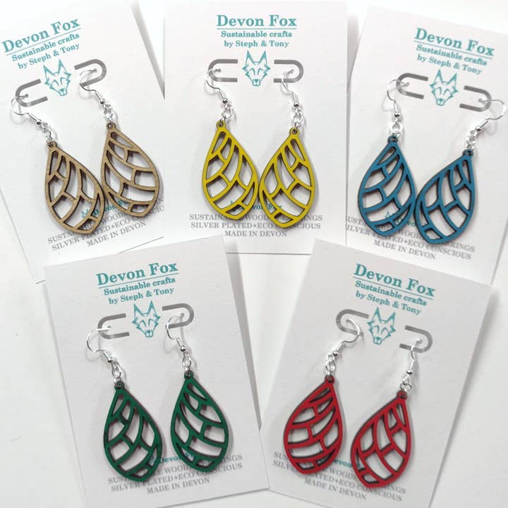 Wooden Geometric Earrings Tear Drop - Handmade in Devon for wholesale by Devon Fox