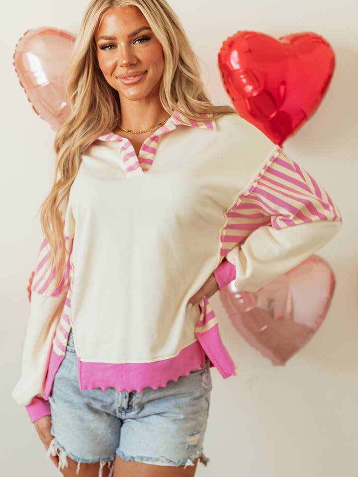 Pink Stripe Juliana Patchwork Terry Knit Top for wholesale on Faire