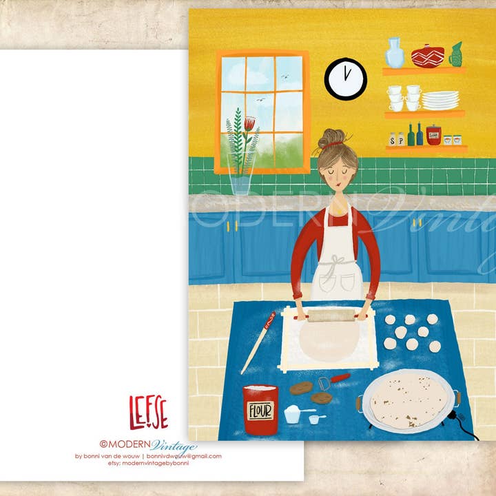 Modern Vintage Design Studio - Wholesale Everyday greeting card - Lady Rolling Lefse Blank Note Card1