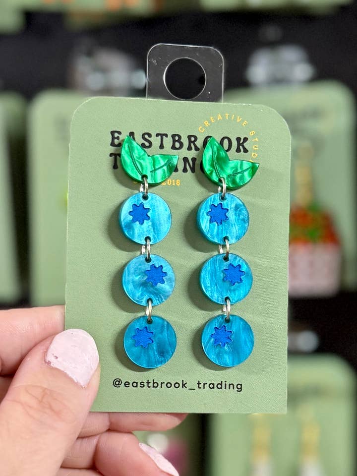 Dangle Blueberry earrings for wholesale by Eastbrook Trading