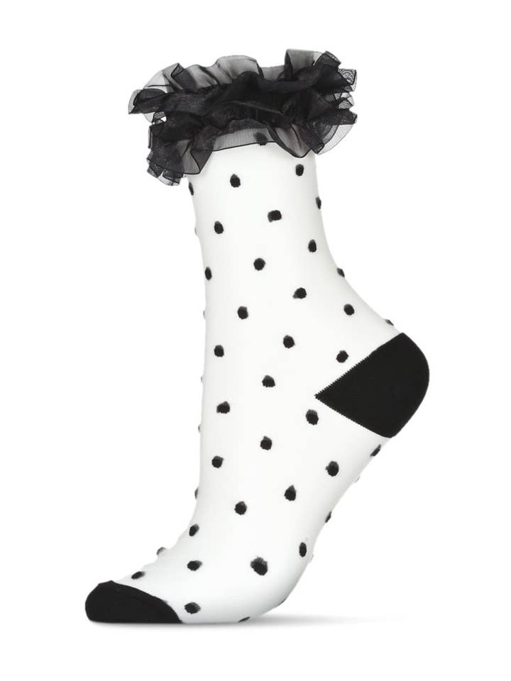 Black Women's Polka Dot Ruffly Lace Cuff Sheer Crew Sock for wholesale on Faire