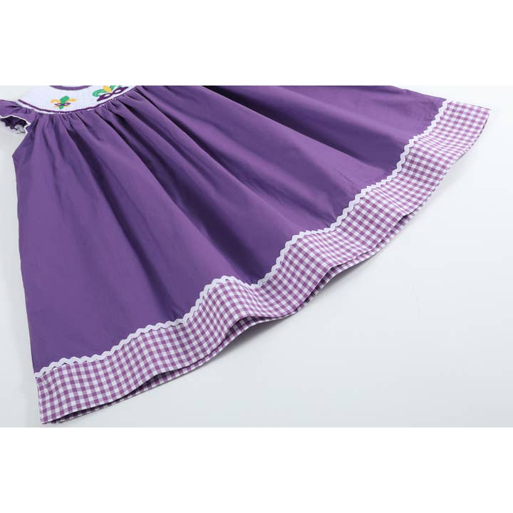 Lil Cactus - Wholesale Dress - Kids - Purple and Gingham Mardi Gras Smocked Bishop Dress5