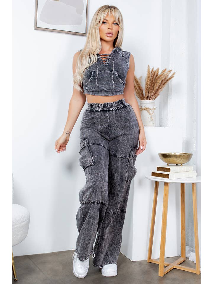 Jour - Vente Ensemble de vêtements d'intérieur – femme - Haut court à capuche délavé aux minéraux et pantalon à poche cargo GD56093