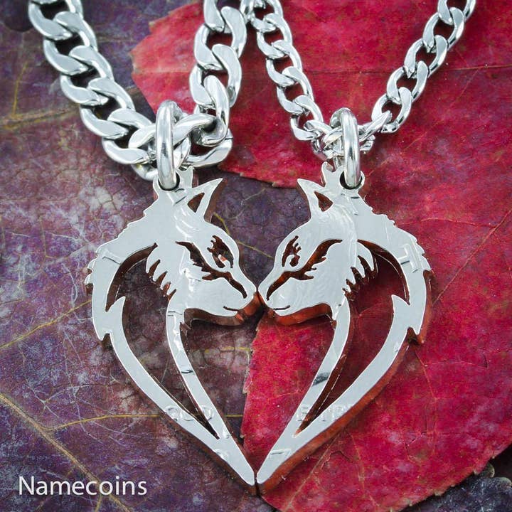 Cat Necklaces Making a Heart, Couples Set, Hand Cut Coin by NameCoins for wholesale by NameCoins