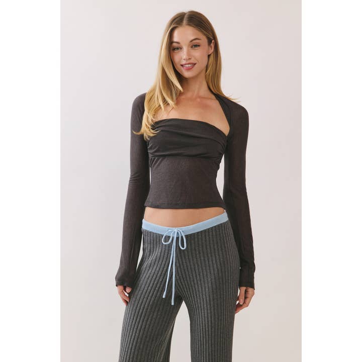 Top a maniche lunghe in maglia a strati arricciati per la vendita all'ingrosso da parte di Honey Mango