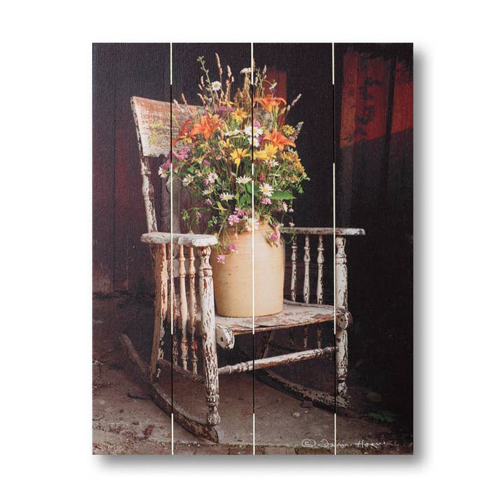 Irvin's Tinware - Wholesale Art Print - Rocking Chair Bouquet Rustic Pallet Art
