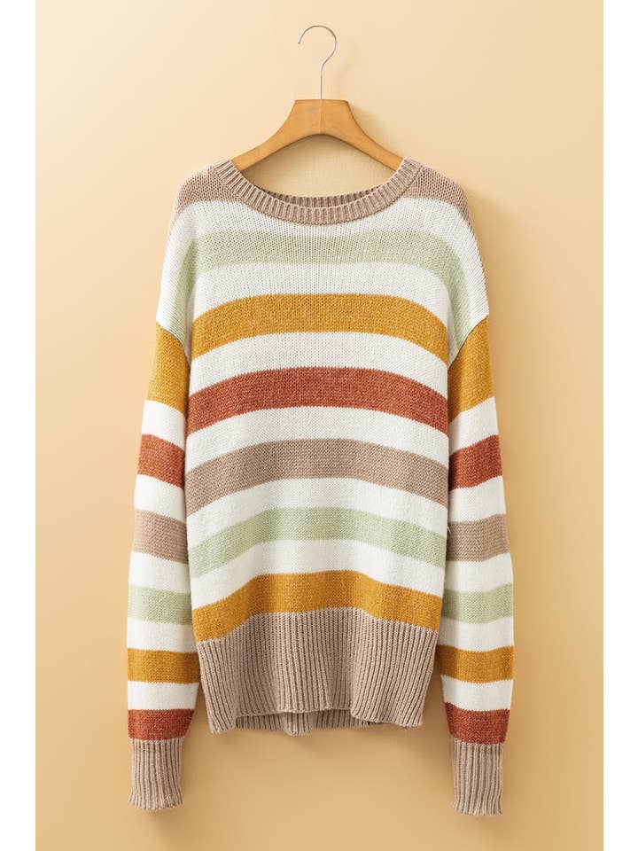 Multicolour Stripe Colorblock Drop Shoulder Crewneck Sweater for wholesale on Faire5