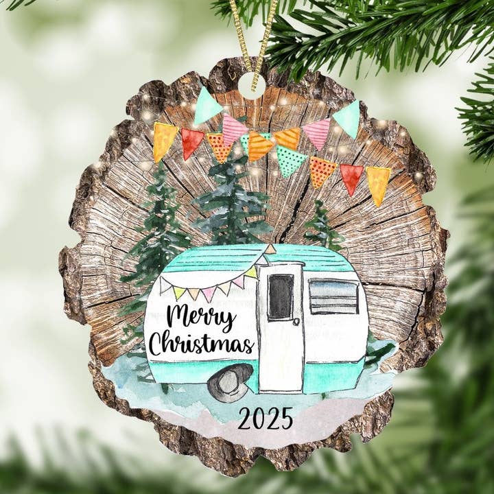 SHY Designs, LLC - Wholesale Ornament - Merry Christmas 2025 Camper Ornament Wood Slice Shape1
