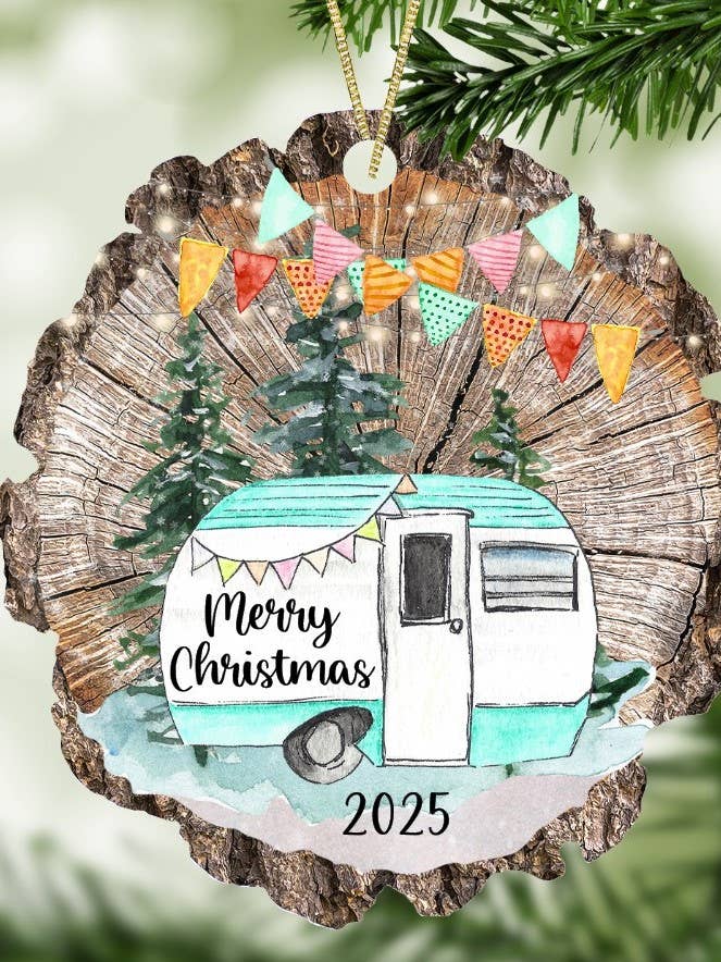 Merry Christmas 2025 Camper Ornament Wood Slice Shape for wholesale by SHY Designs, LLC