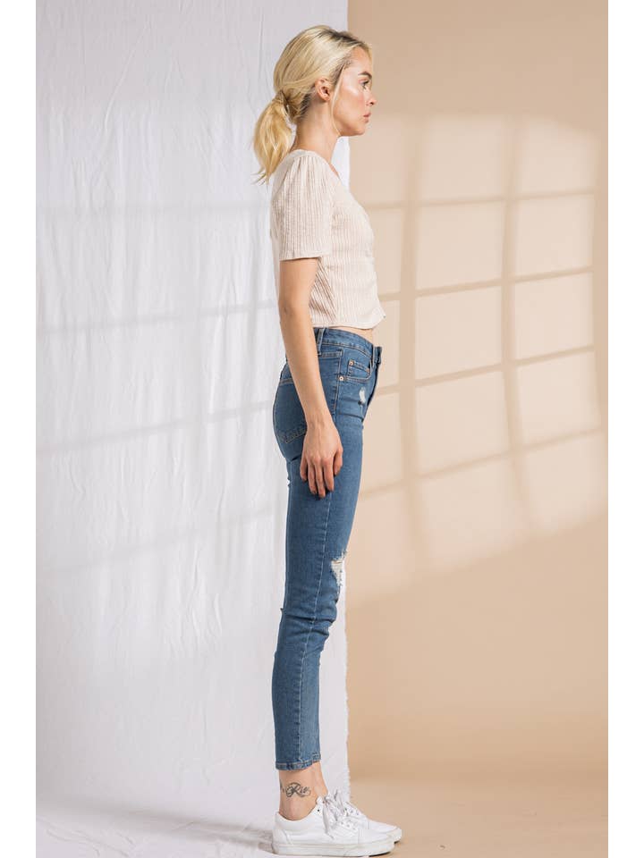 LENA - Vente Haut en maille – femme - Haut cintré en tricot côtelé à manches courtes et col cœur