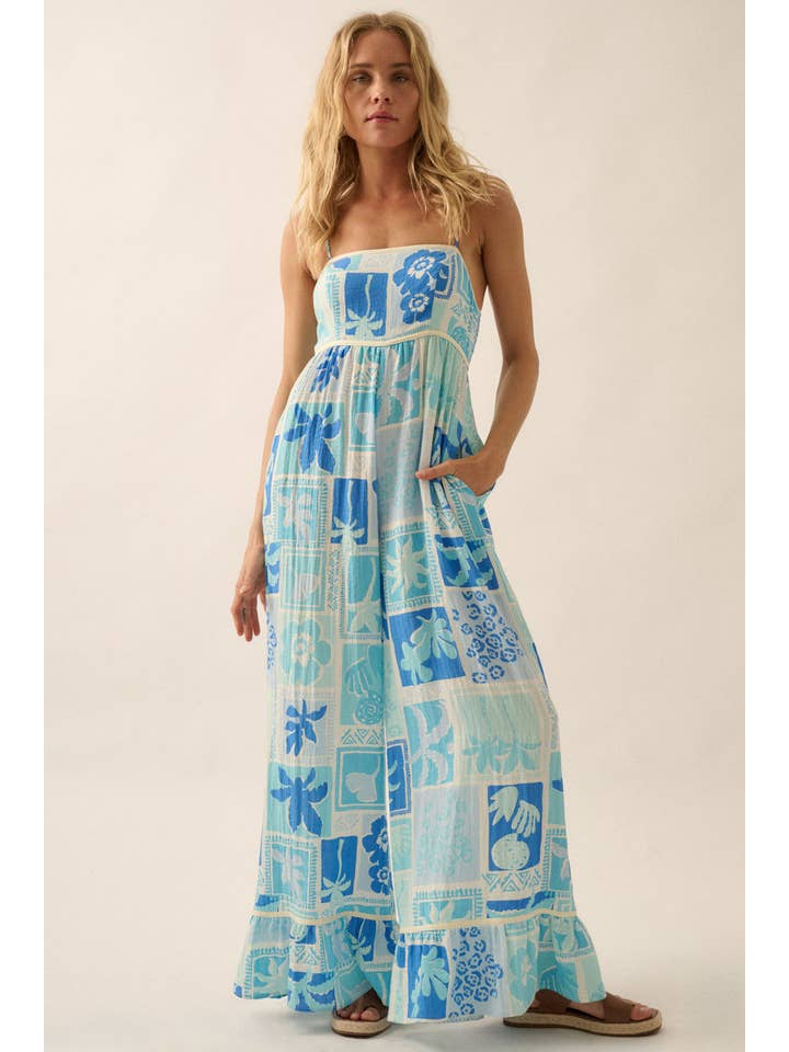 AQUA BLUE Tropical Floral Ruffled Wide-Leg Cami Jumpsuit for wholesale on Faire