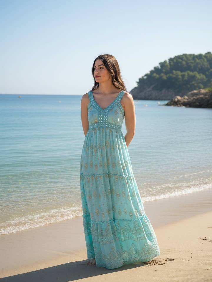 ROBE FRANCESCA PEINTE EN DORÉ AIGUE-MARINE pour la vente par Lula Natura