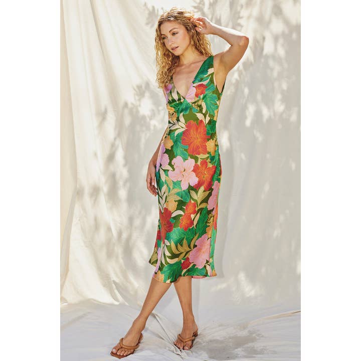 IBIZA GARDEN Moonstruck Satin V Neck Midi Dress for wholesale on Faire