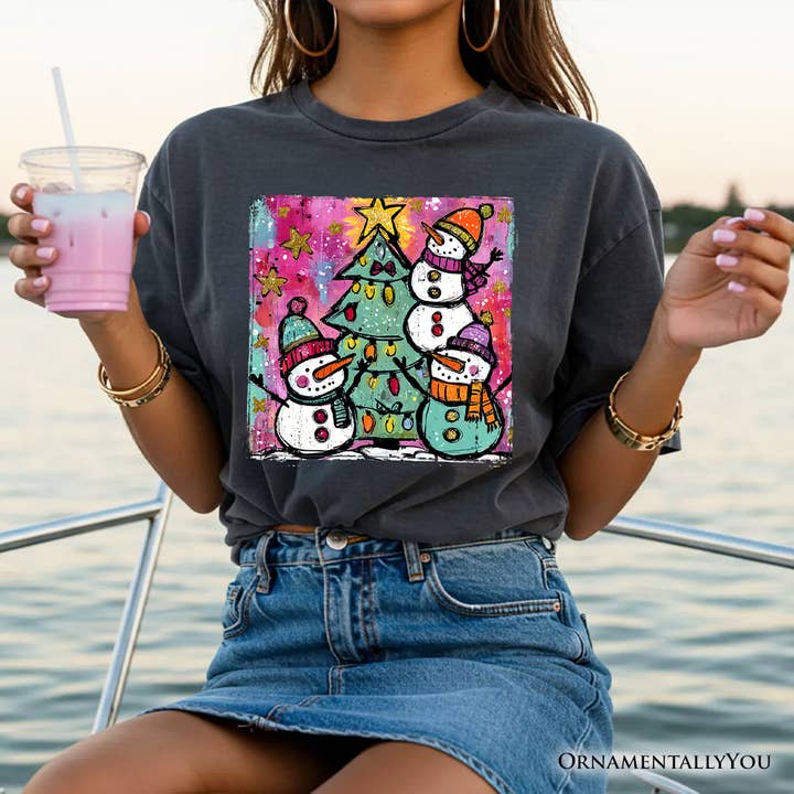 OrnamentallyYou - Wholesale Screen Printed T-Shirt - Women's - Watercolor Snowmen Christmas Tree T-Shirt, Vintage Holiday 5