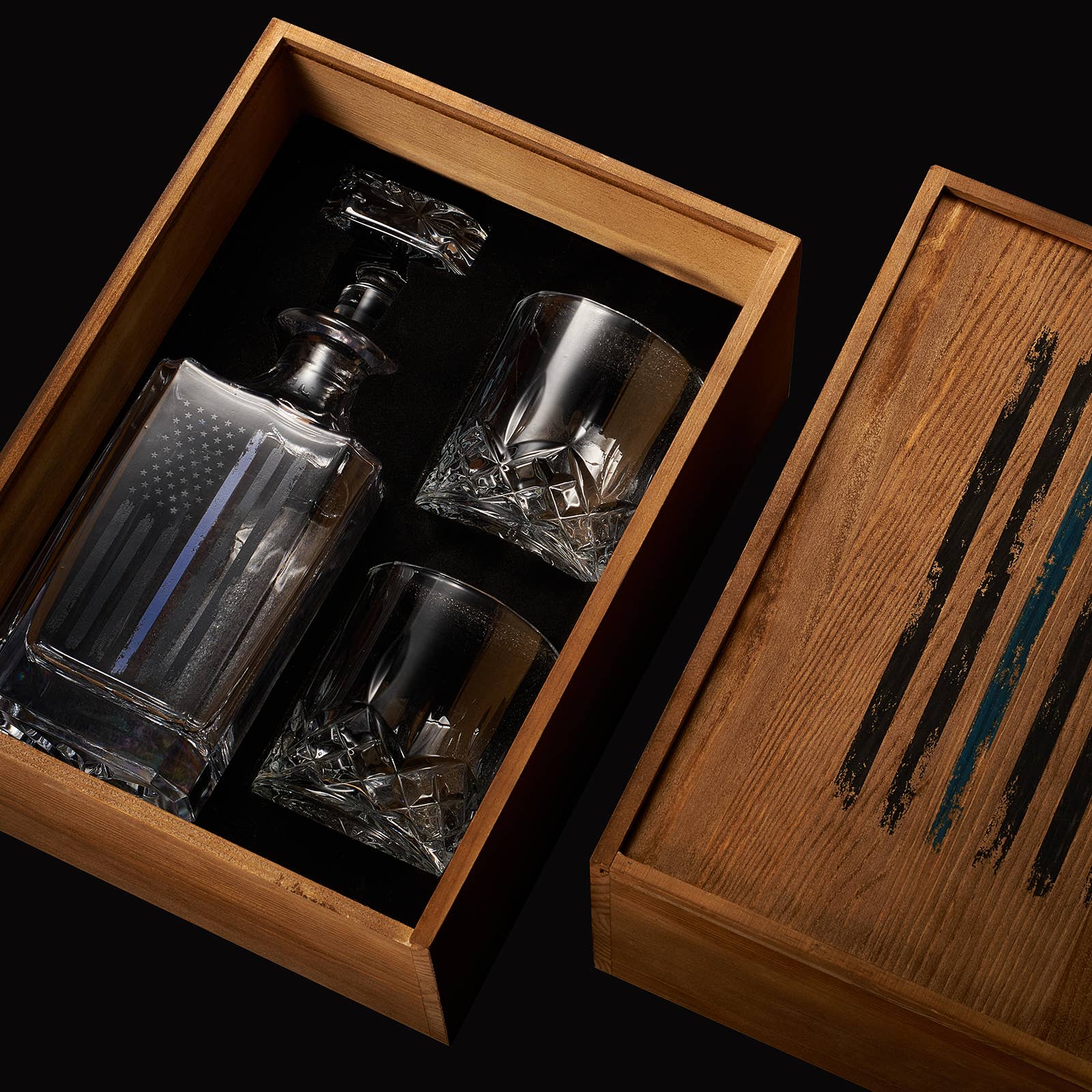 The Wine Savant /  Khen Glassware - Wholesale Decanter - Police Tactical Blue Tattered American Flag Whiskey Gift Set4