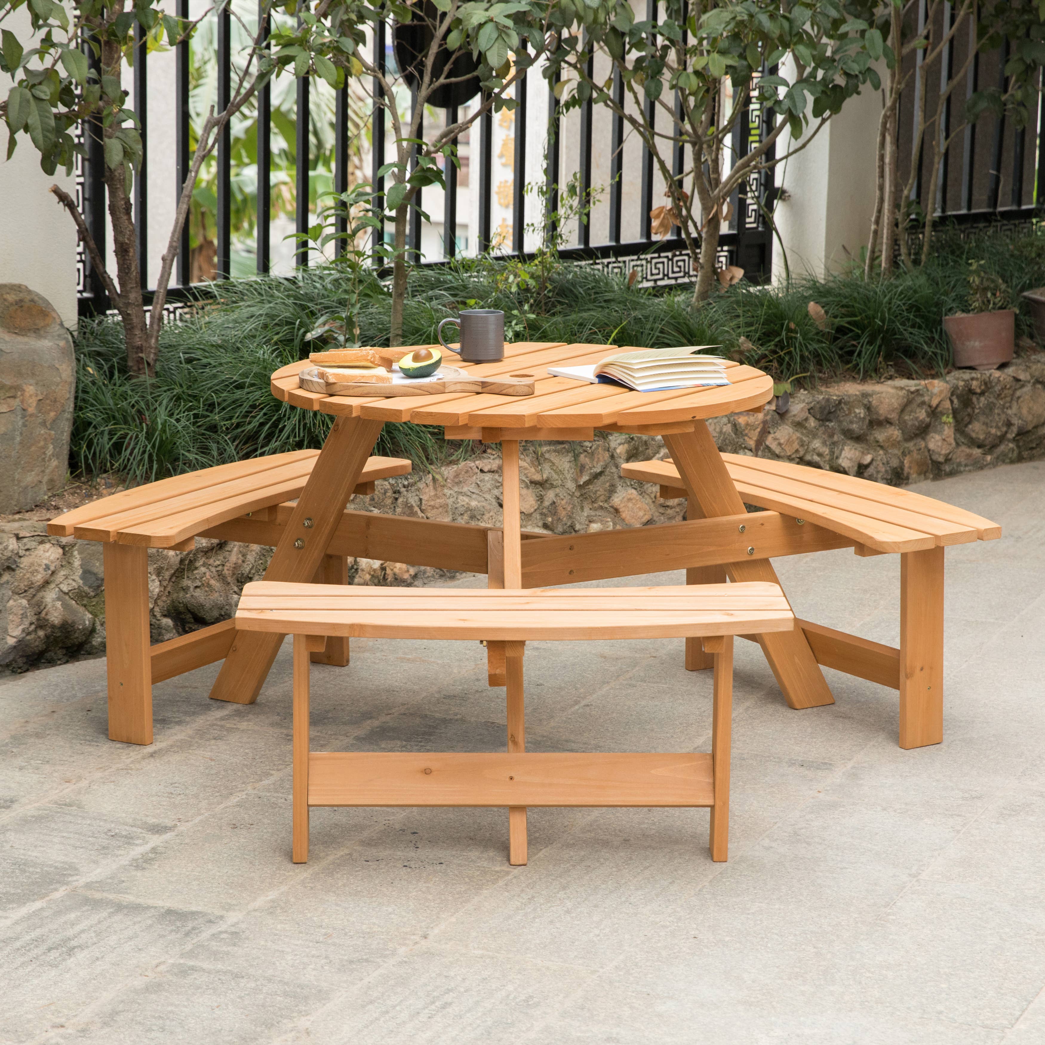Quickway Imports - Wholesale Patio Table - Wooden Round Picnic Table with Bench for Patio, 6- Person1