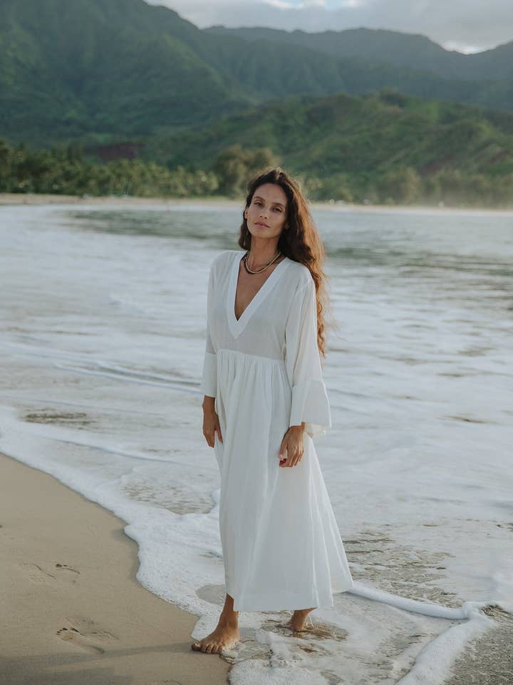 Robe évasée en coton tissé à la main Zia White pour la vente par Pondichérie