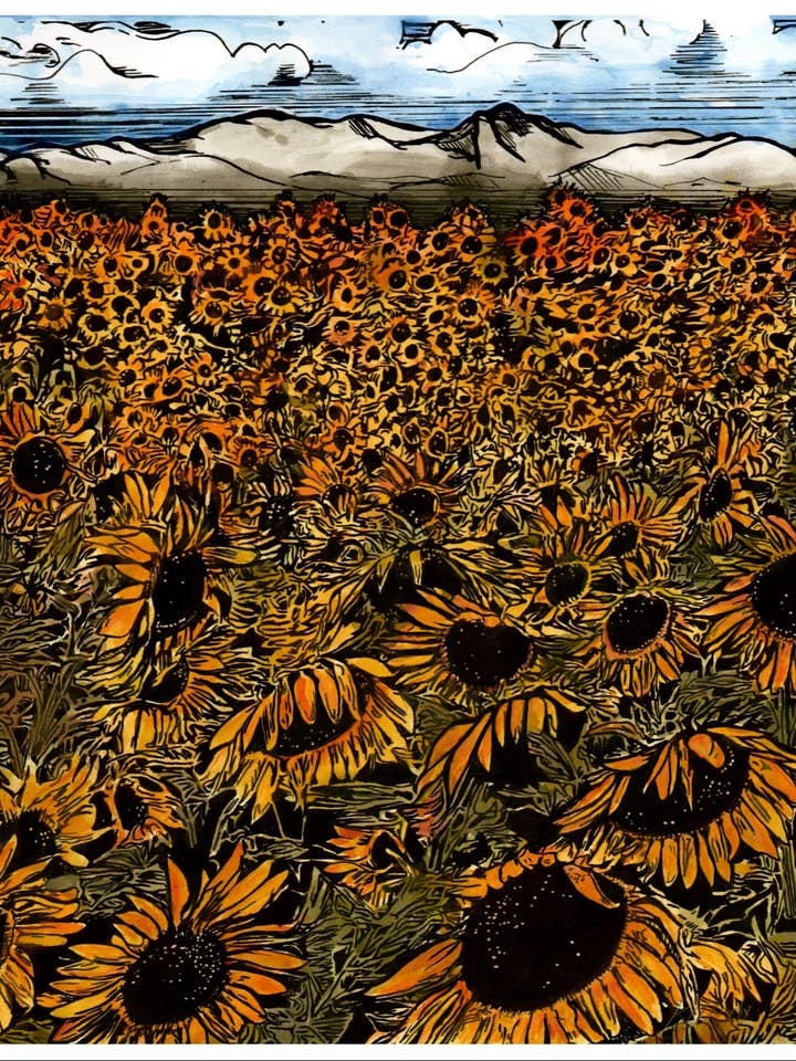 Campo di girasoli in stampa artistica a colori per la vendita all'ingrosso da parte di Kellie Cooke Art