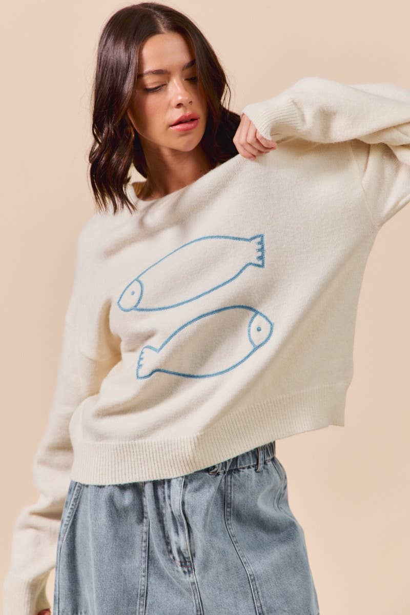 IVORY Loose Fit Fish Embroidered Sweater Top for wholesale on Faire3