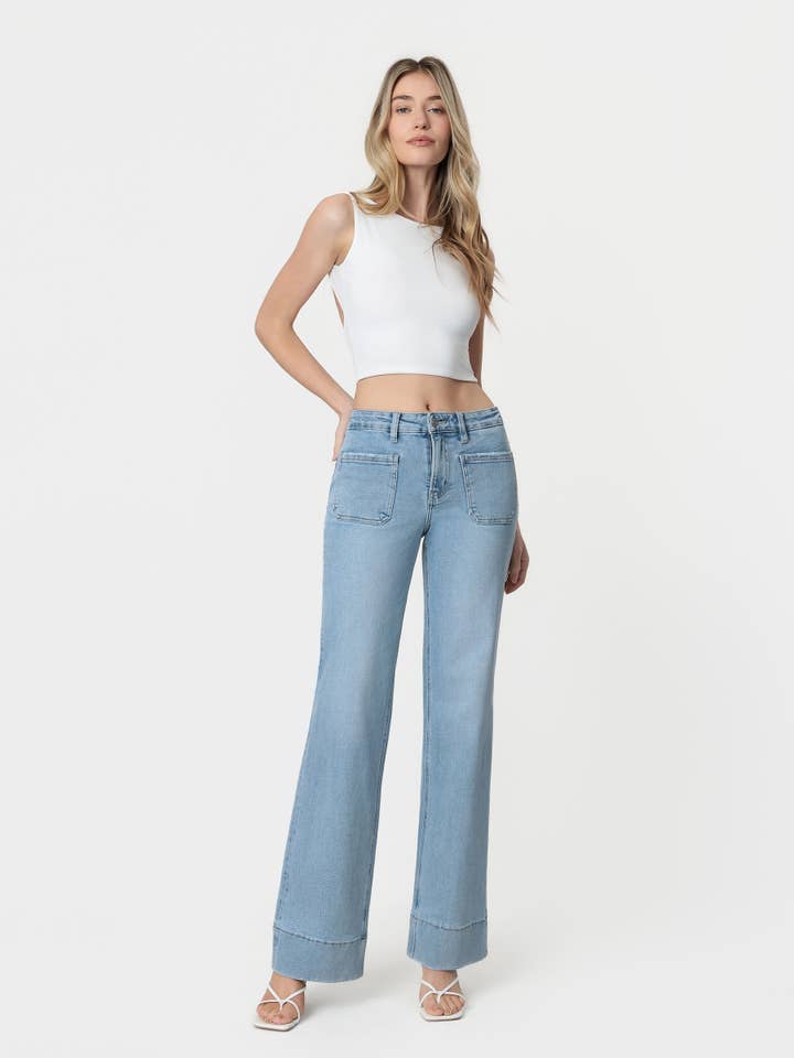 HIGH RISE LIGHT WASH TROUSER HEM FLARE JEANS LV1602 for wholesale by Lovervet by VERVET