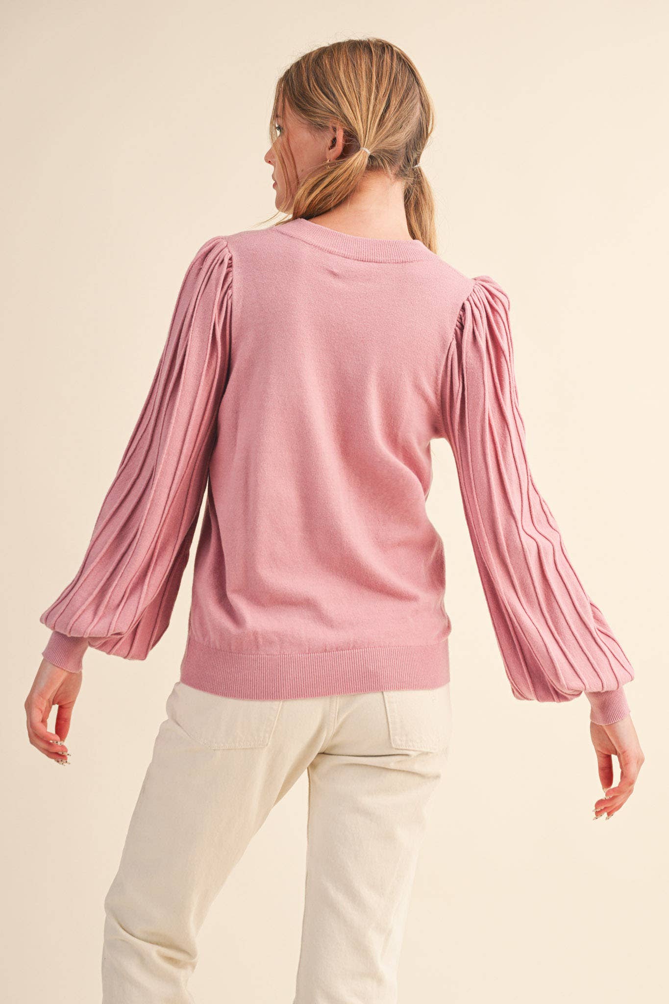 &MERCI - Wholesale Knit Sweater - Women's - STRIPE TEXTURE PUFF SLEEVE SWEATER MSW948543