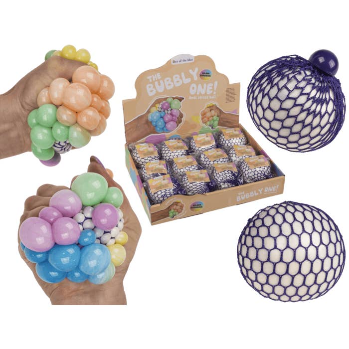 Squeeze ball in net, Rainbow, for wholesale by Out of the blue KG